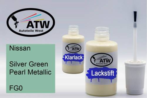 Nissan, Silver Green Pearl Metallic, FG0: 20ml Lackstift + 20ml Klarlack - Set, von ATW Autoteile West.